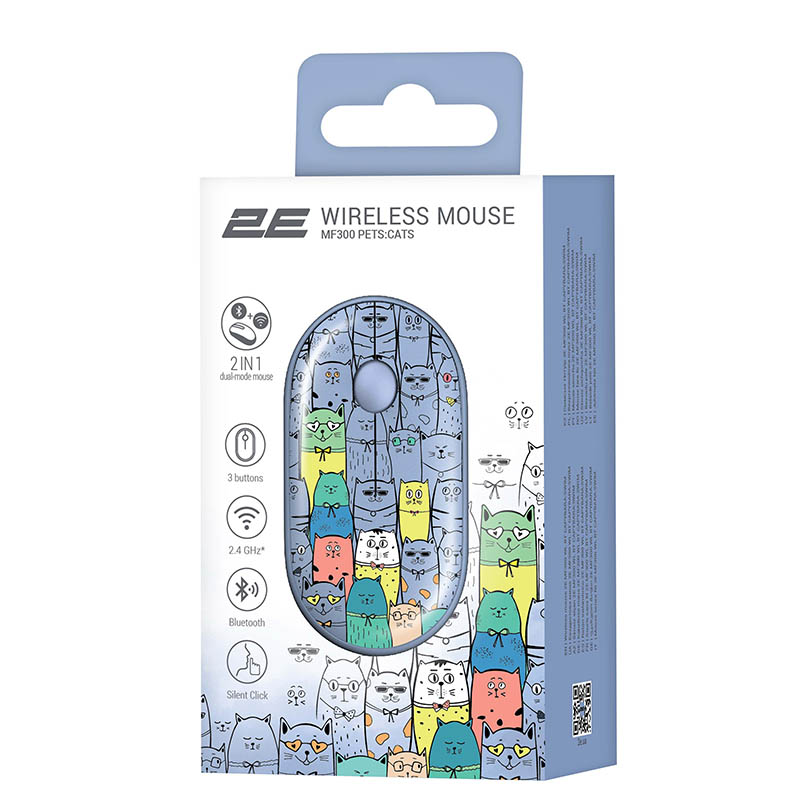 Мышь 2E MF300 Pets Cats Silent WL BT Blue (2E-MF300WPETSBL) беспроводная Фото: 1